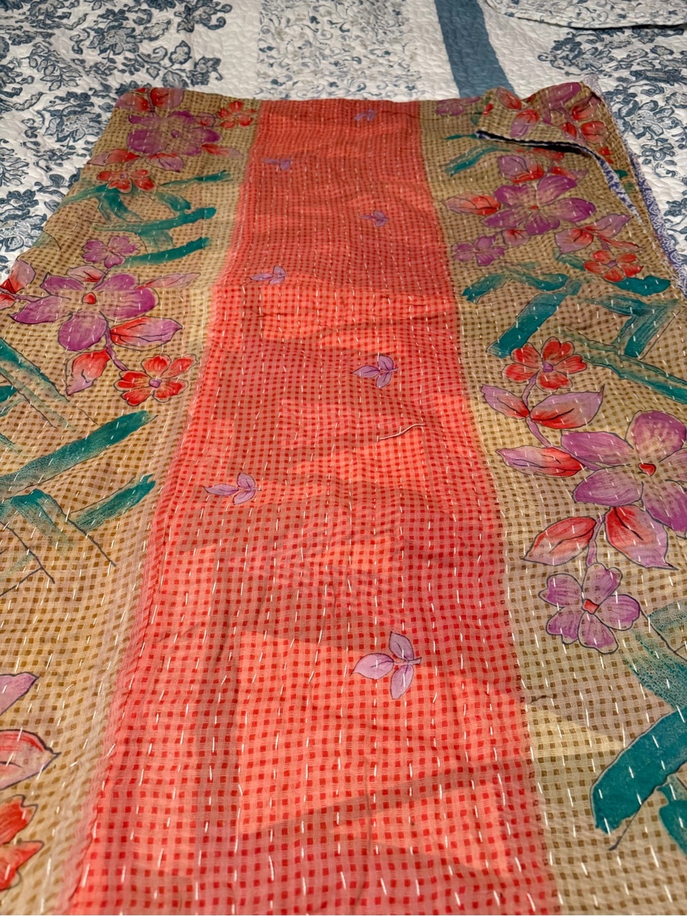 Reversible Blue Floral Kantha Throw Blanket - Picture 2 of 2